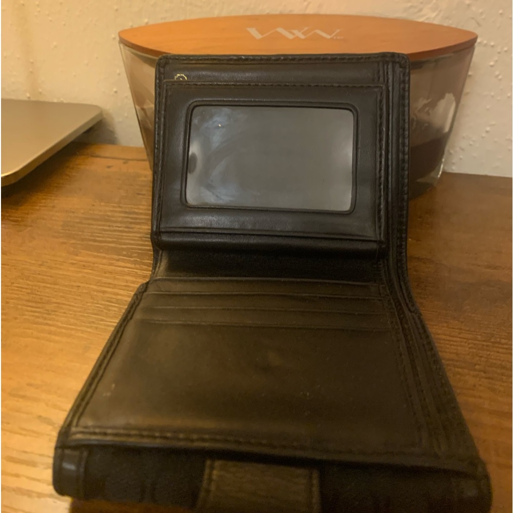 COACH JAQUARD TRIFOLD LEATHER TRIM IN BLACK WALLET GOLD ACCENT - Picture 4 of 16